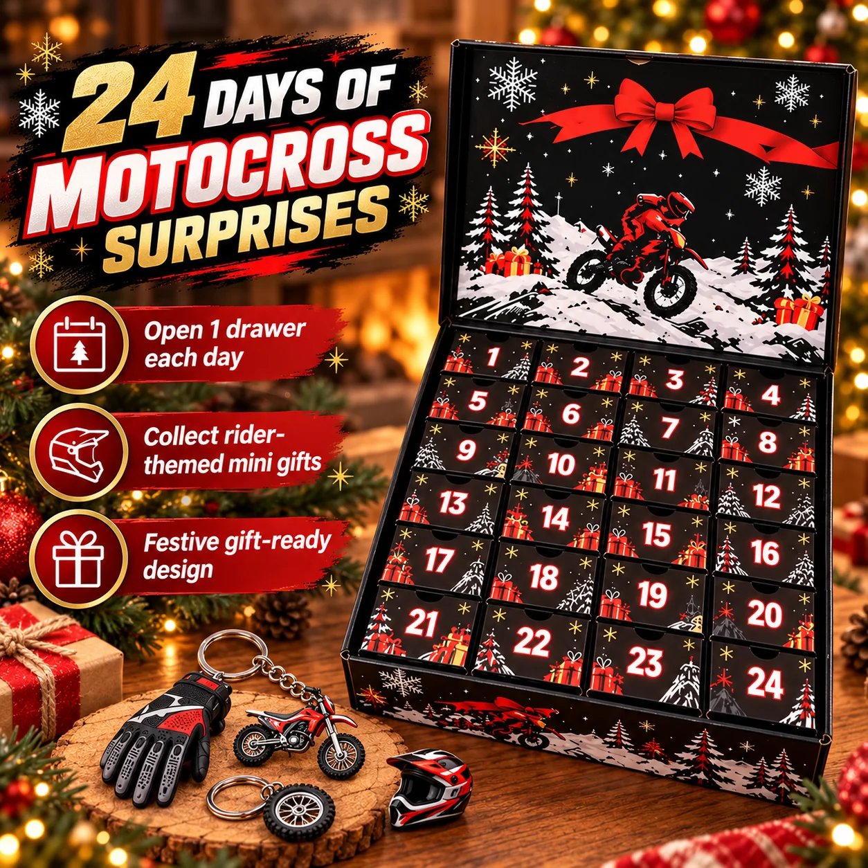 Open motocross advent calendar with numbered drawers and rider-themed mini accessories