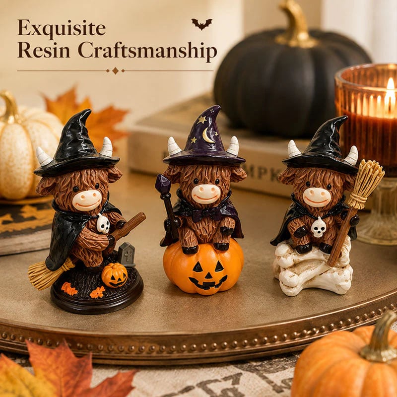 Halloween Highland Cow Witch Ornament 🐮🧙‍♀️ – Spooky‑Cute Resin Figurine for Cozy Fall Décor