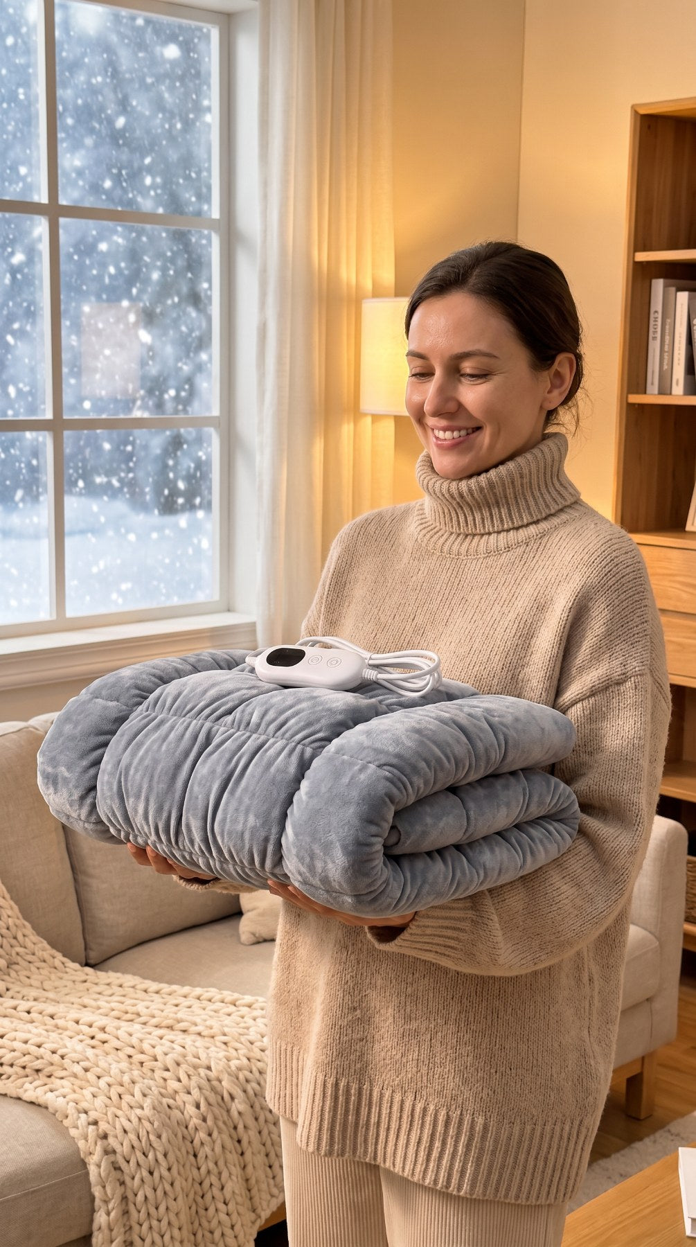 Plush heated seat cushion with storage and fabric details