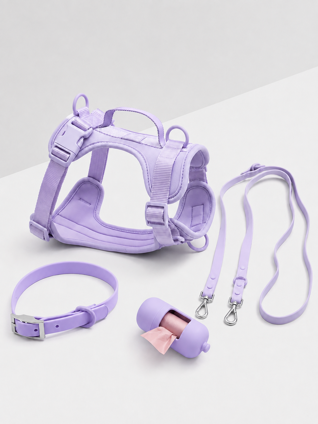 Four-piece dog walking set with harness, leash, collar and waste bag holder