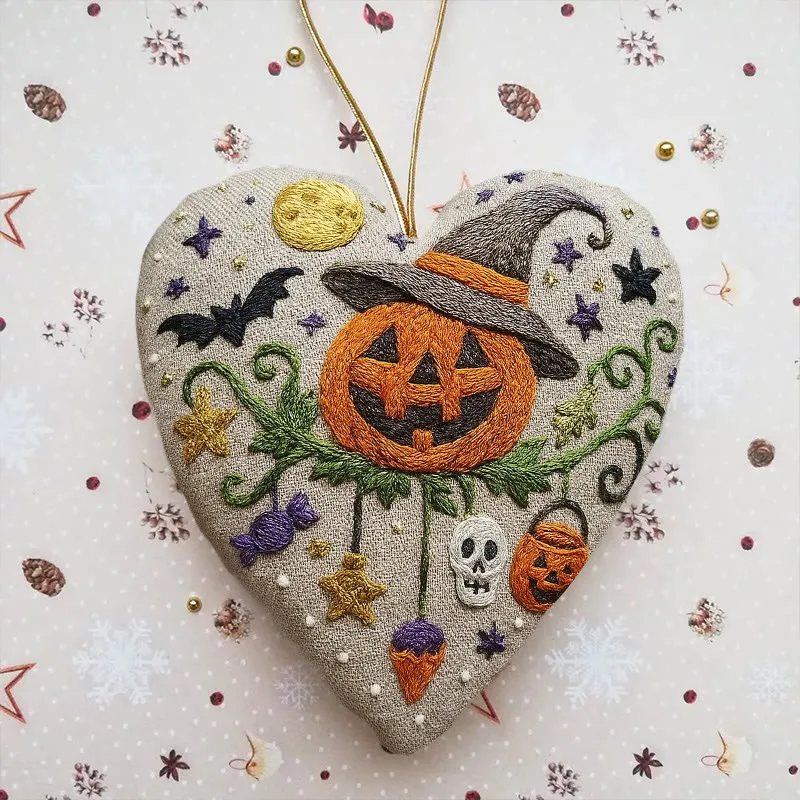 Halloween Heart Embroidery Kit – DIY Needlepoint Craft Kit with Spooky Designs, Handmade Halloween Ornament