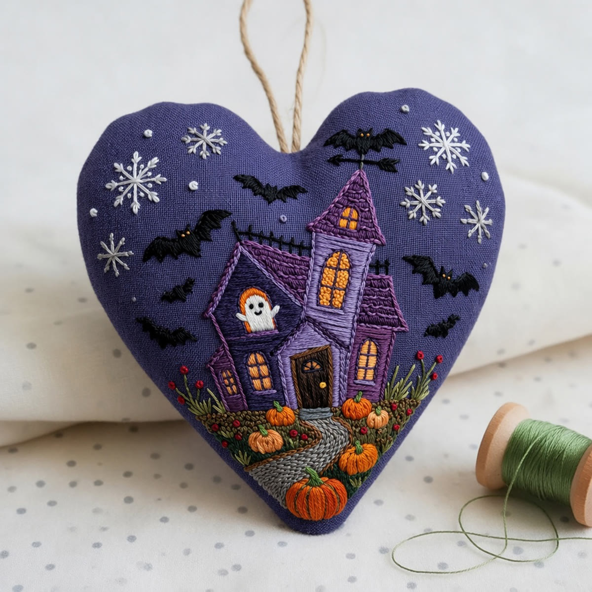 Halloween Heart Embroidery Kit – DIY Needlepoint Craft Kit with Spooky Designs, Handmade Halloween Ornament