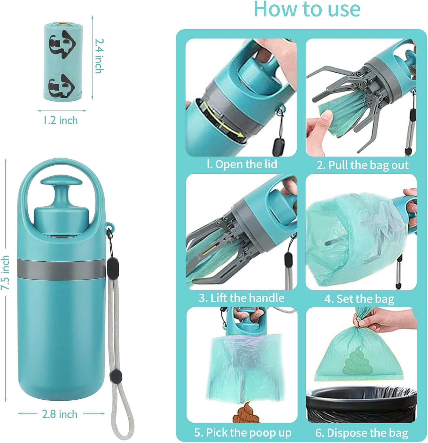Portable No-Touch Dog Poop Scooper with Bag Dispenser & Waste Storage
