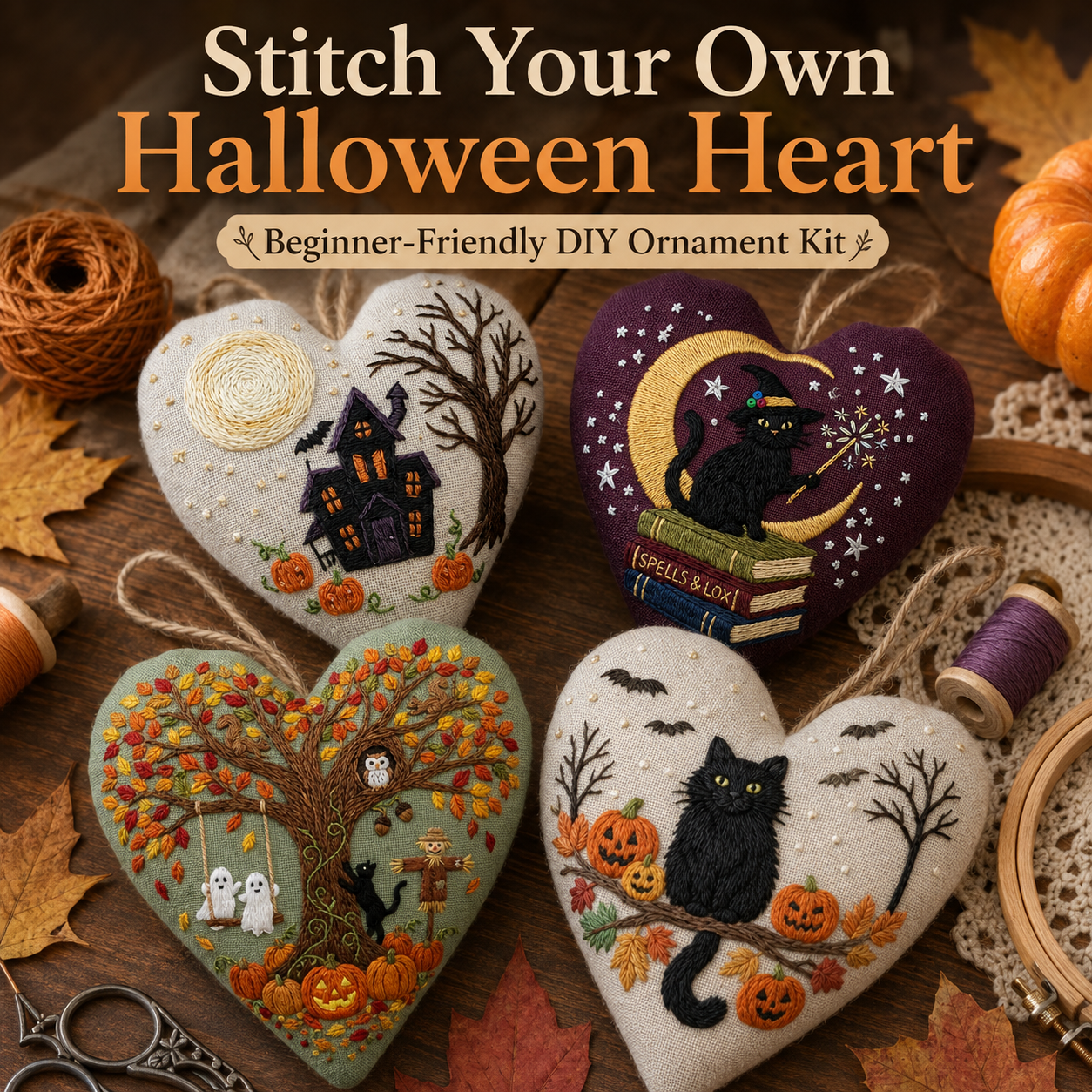 Spooky Family Halloween Heart Embroidery Kit – Beginner DIY Ornament