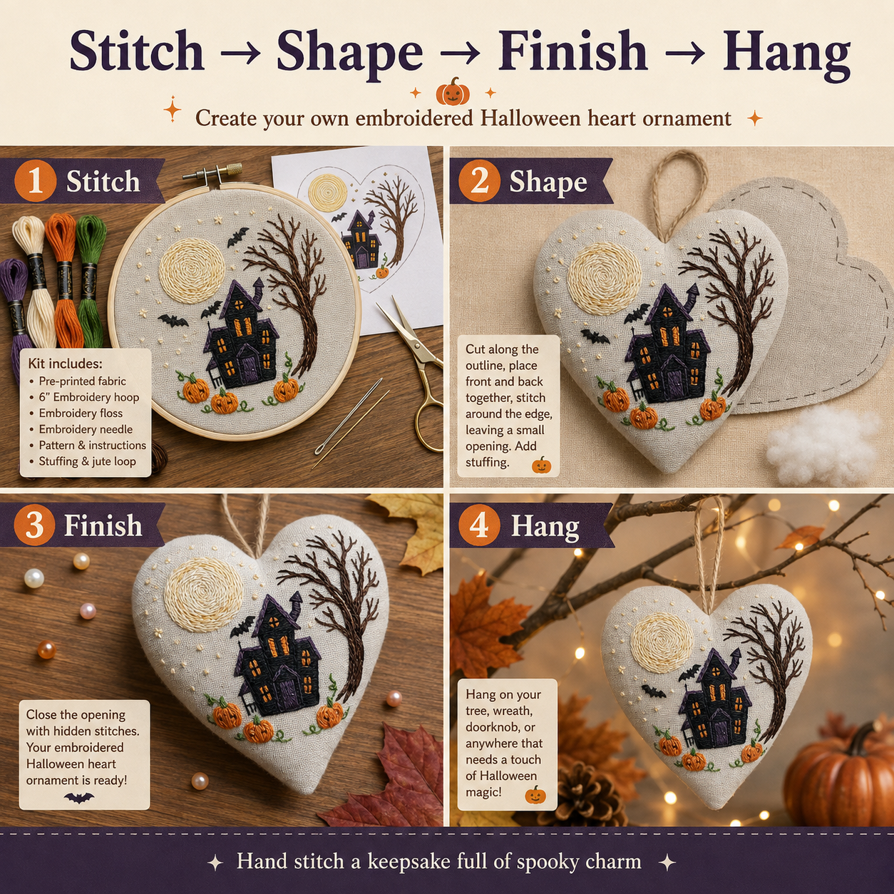Spooky Family Halloween Heart Embroidery Kit – Beginner DIY Ornament