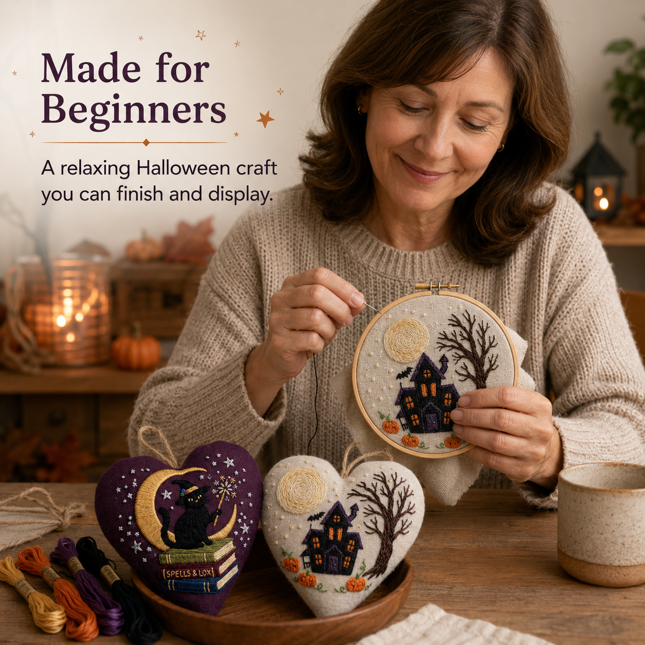 Spooky Family Halloween Heart Embroidery Kit – Beginner DIY Ornament