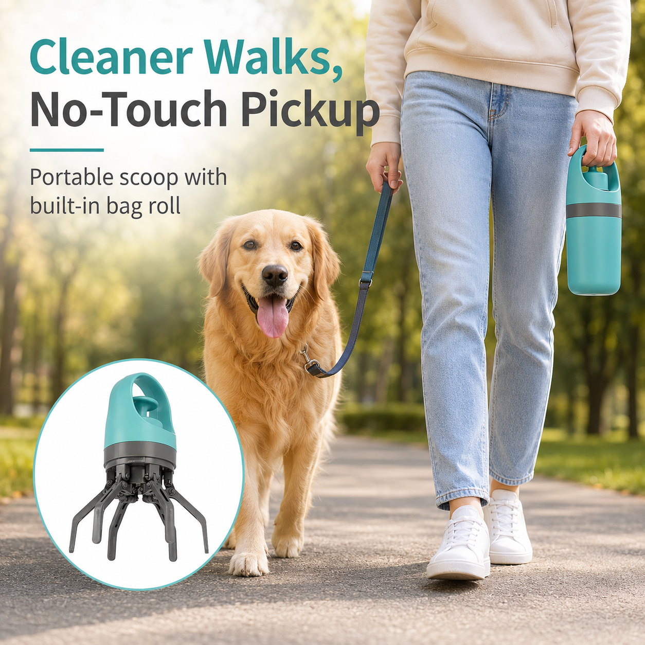 Portable No-Touch Dog Poop Scooper with Bag Dispenser & Waste Storage