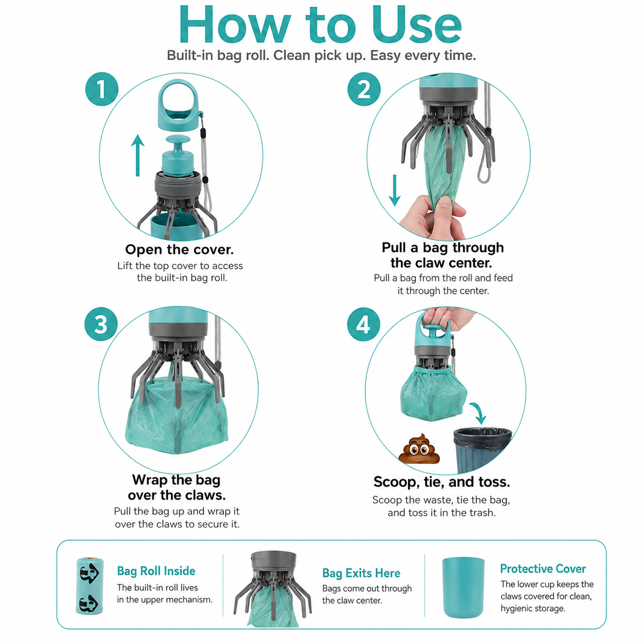 Portable No-Touch Dog Poop Scooper with Bag Dispenser & Waste Storage