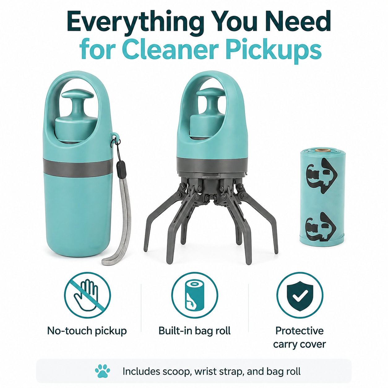 Portable No-Touch Dog Poop Scooper with Bag Dispenser & Waste Storage