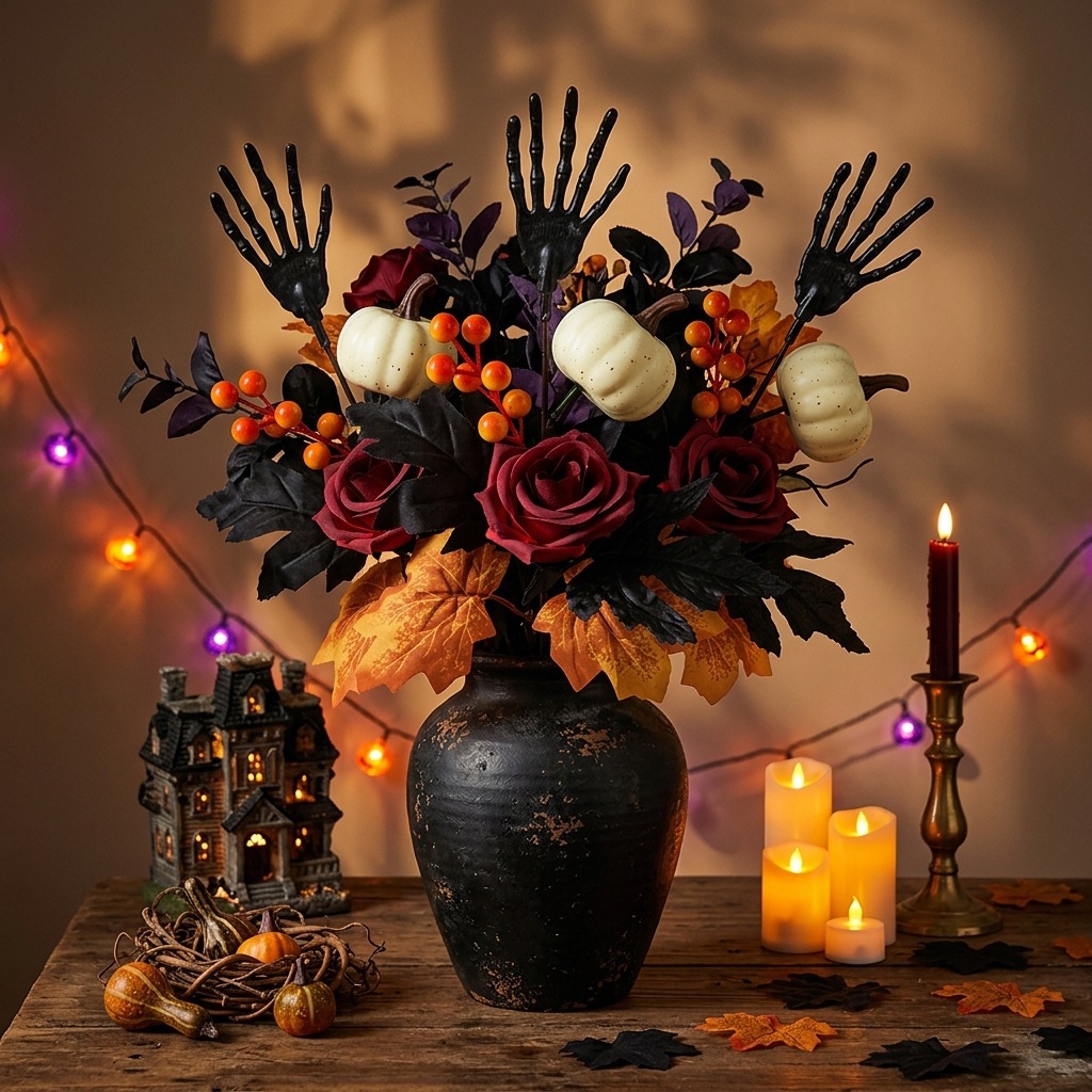 Simulated Flower Skull Hand Single Halloween Home Decoration Ghost Face Pumpkin Simulated Rose Black Maple Leaf Cutting