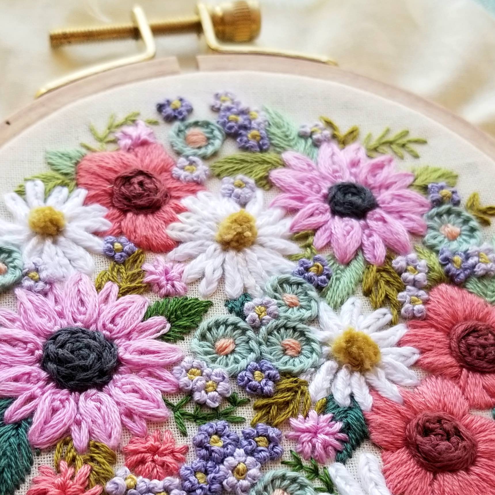 Wildflower embroidery texture close-up