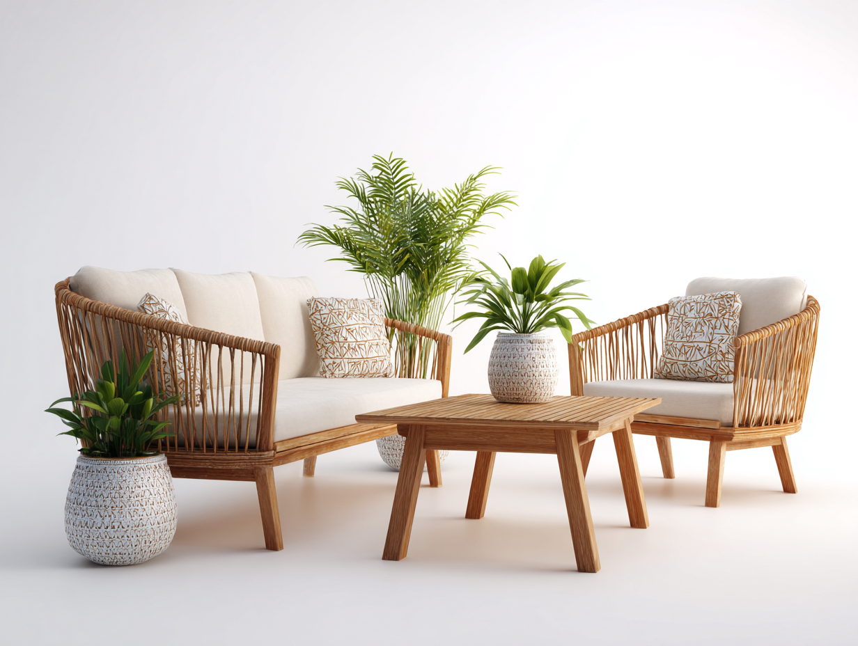 Gartensofa Set - Holz-Rattan-Stoff - 176x84x78 cm - Natur-Creme - mediterraner Lounge-Stil-Lilofahome