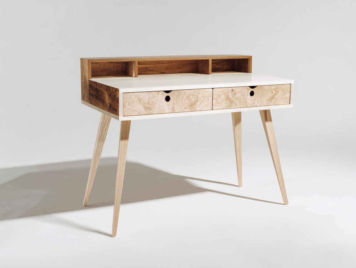 Schreibtisch - Holzwerkstoff-Massivholz - 128x62x88 cm - Naturholz-Weiß - Moderner Skandi-Stil-Lilofahome