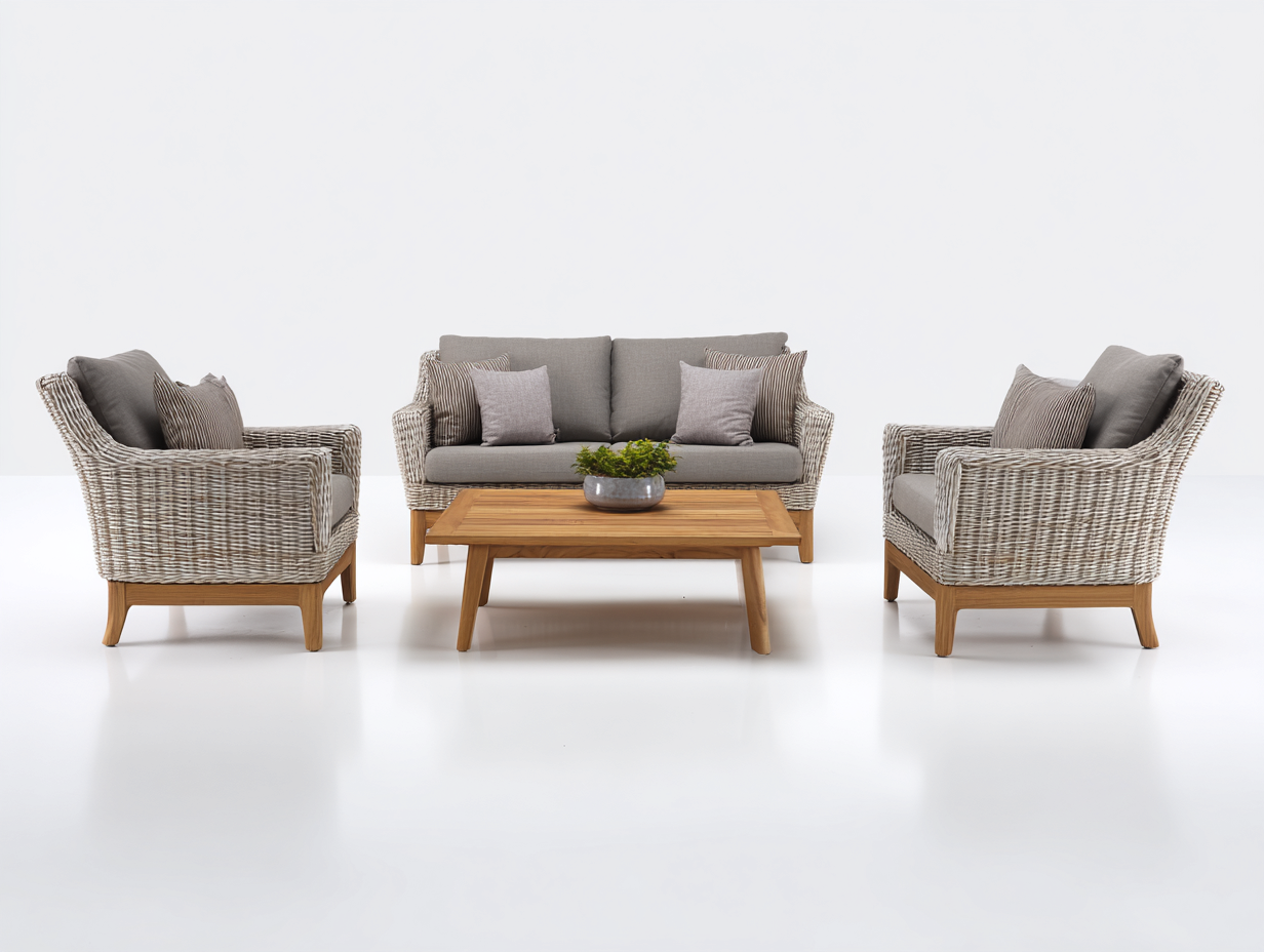Gartensofa Set - Polyrattan-Holz-Stoff - 172x84x79 cm - Natur-Grau - klassischer Lounge-Stil-Lilofahome