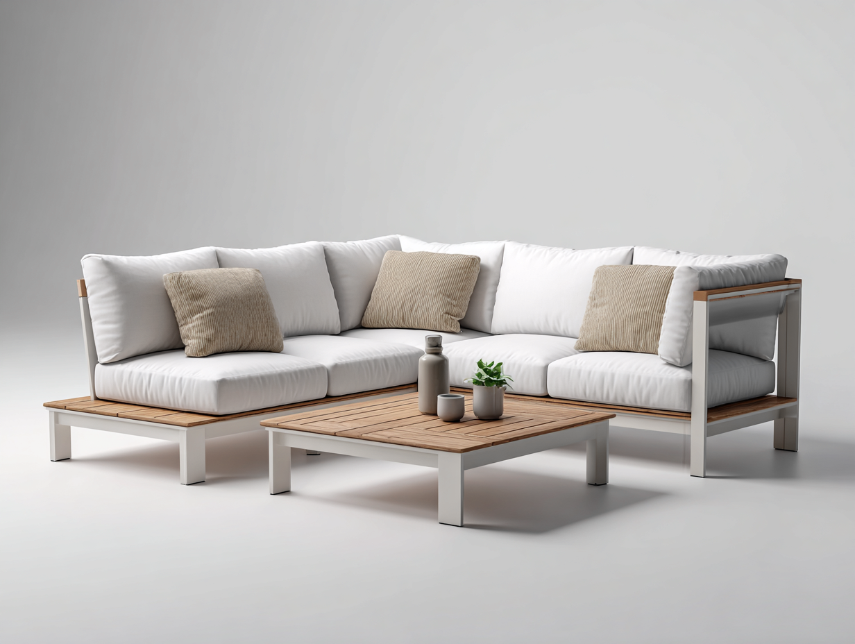 Gartensofa Set - Aluminium-Holz-Stoff - 238x238x76 cm - Weiß-Natur - moderner Lounge-Stil-Lilofahome