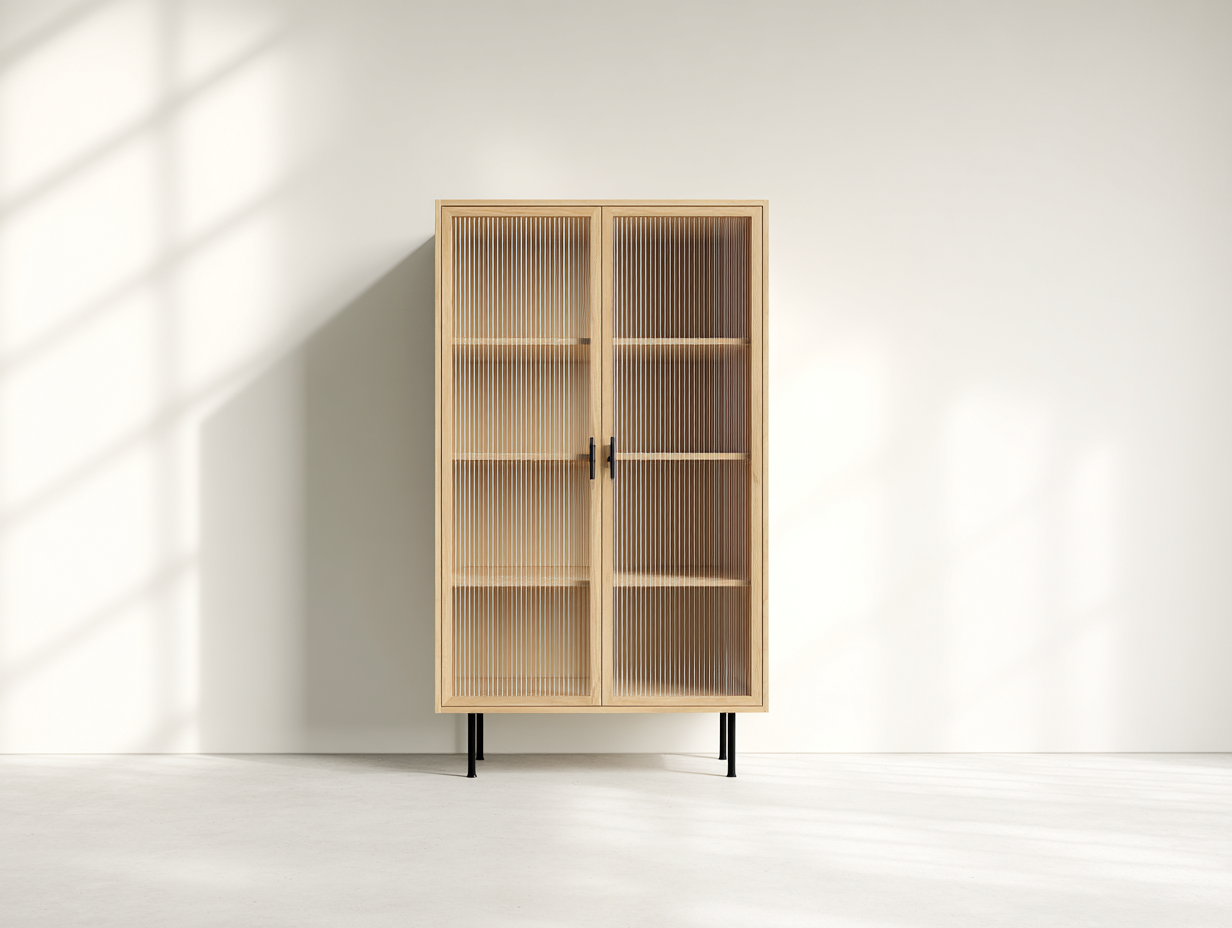 Bücherregal - Holzwerkstoff-Glas-Metall - 104x40x143 cm - Naturholz-Transparent-Schwarz - Moderner Japandi-Stil-Lilofahome
