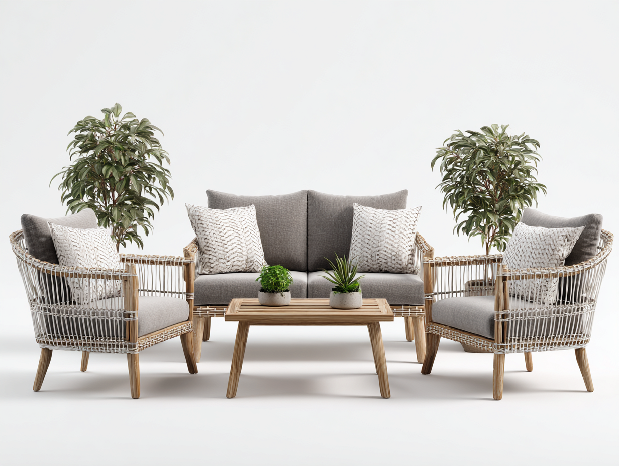Gartensofa Set - Polyrattan-Holz-Stoff - 168x82x78 cm - Natur-Grau - skandinavischer Lounge-Stil-Lilofahome