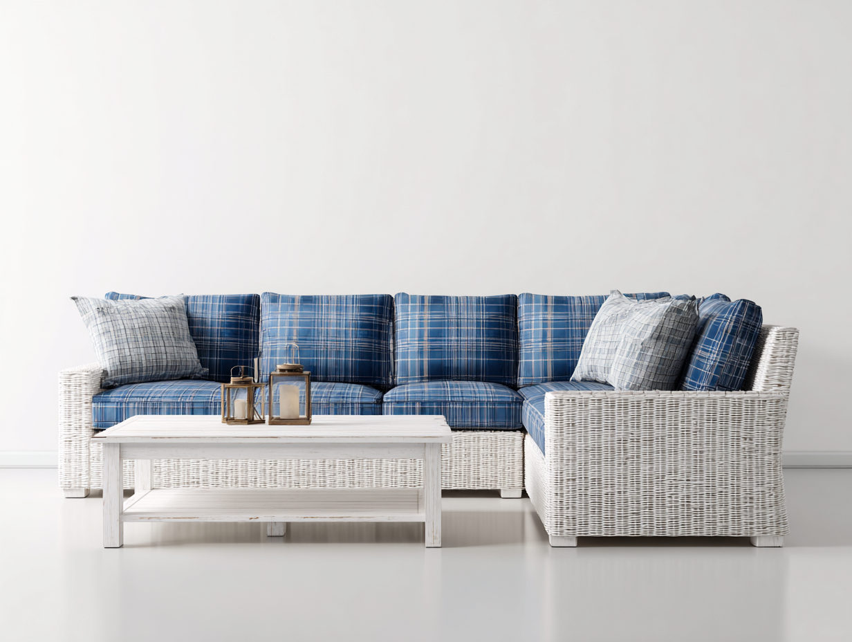 Gartensofa Set - Polyrattan-Holz-Stoff - 248x182x82 cm - Weiß-Blau - moderner Küstenstil-Lilofahome