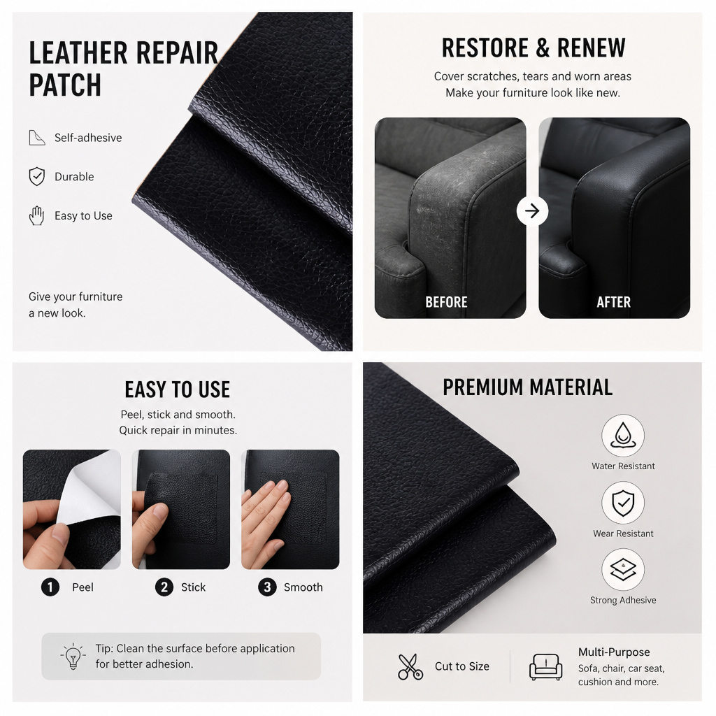 Self‑adhesive leather repair patch for sofa & seat refurbishment