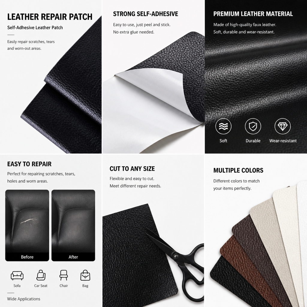 Self‑adhesive leather repair patch for sofa & seat refurbishment