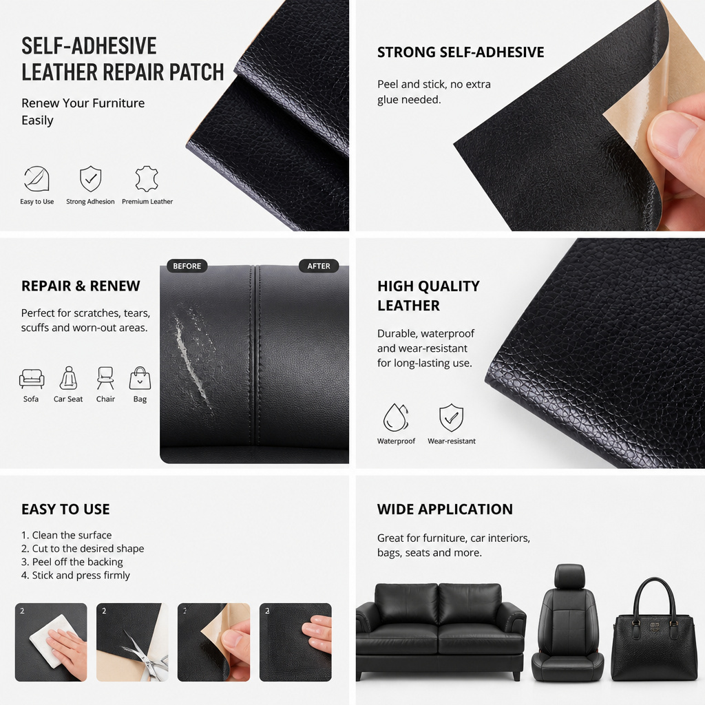 Self‑adhesive leather repair patch for sofa & seat refurbishment