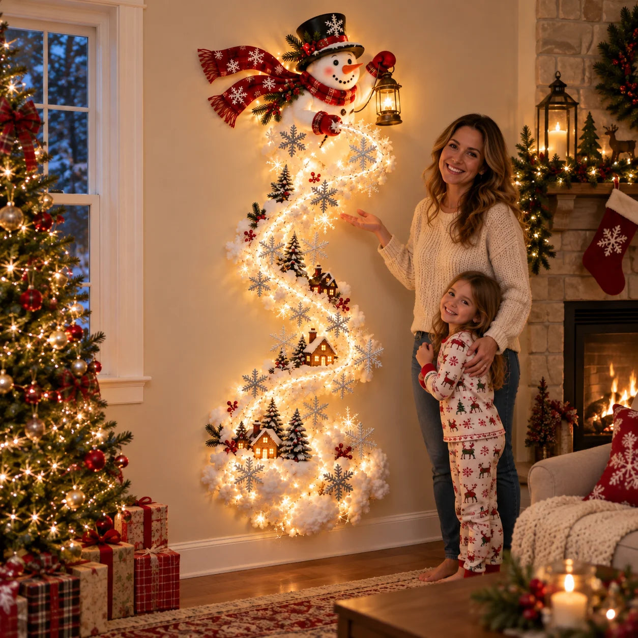 Snowman wall light with mother and child