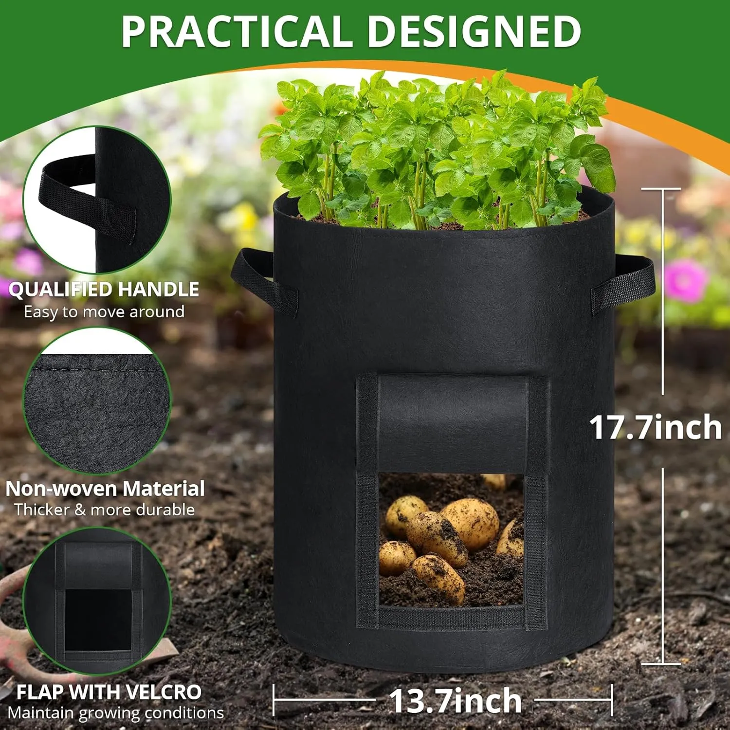 GOTGELIF 10 Gallon Potato Grow Bags with Flap, Thickened Nonwoven Fabric Grow Bags for Growing Potatoes, Carrots, Onion, etc Vegetables, Plants & Fruits - Black magnetic  levitation