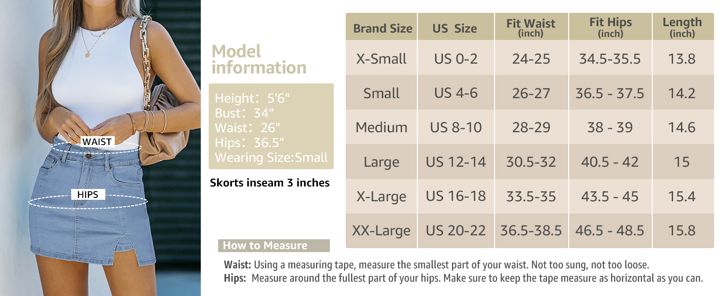 size chart of jean skorts for women casual
