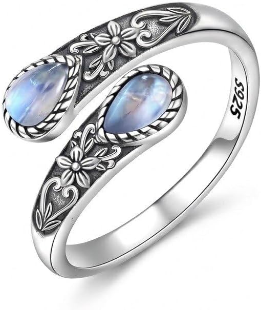 Women's Sterling Silver Moonstone Flower Ring, Adjustable Vintage Spoon Ring Jewelry, Gifts for Mom, Wife, Sister, Her