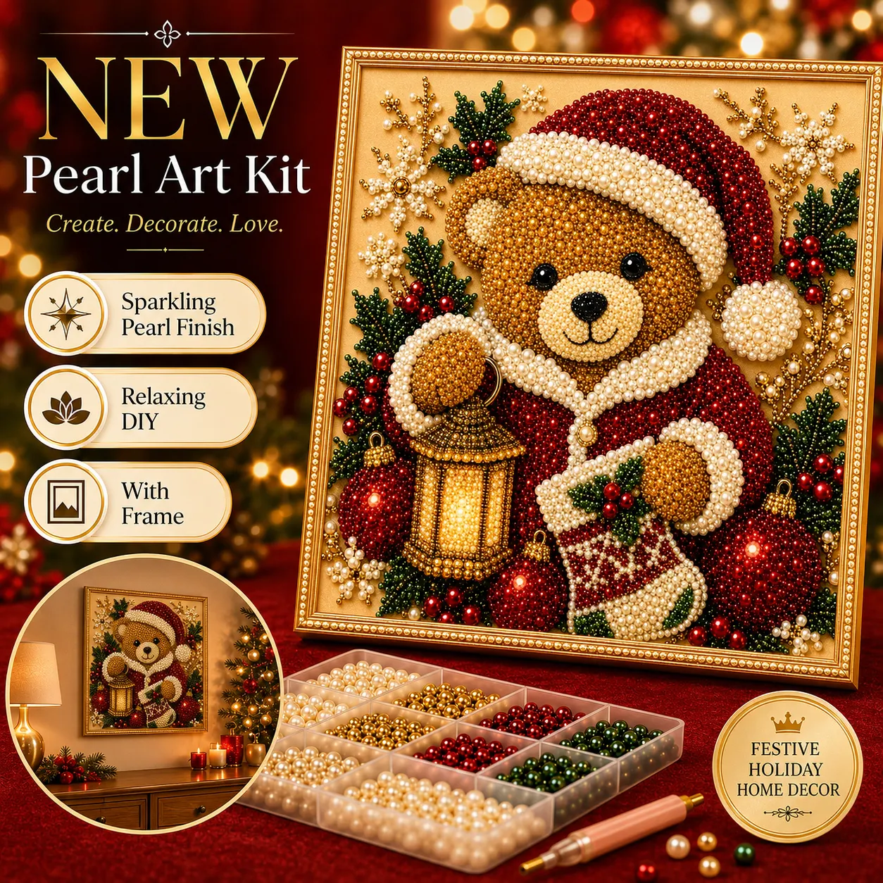 🐻Framed Christmas Bear - Pearls Painting Kit