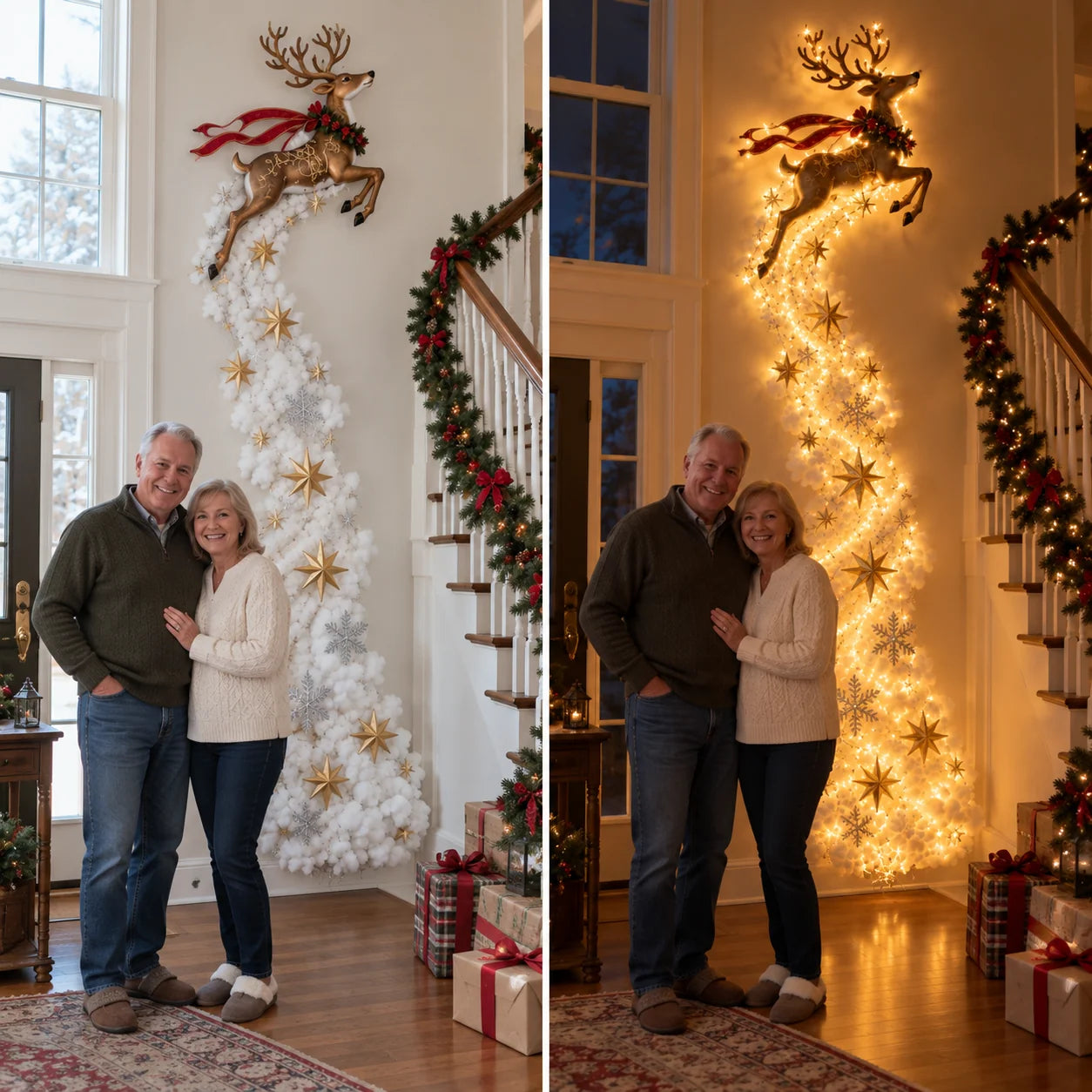 Reindeer Christmas wall light shown by day and night