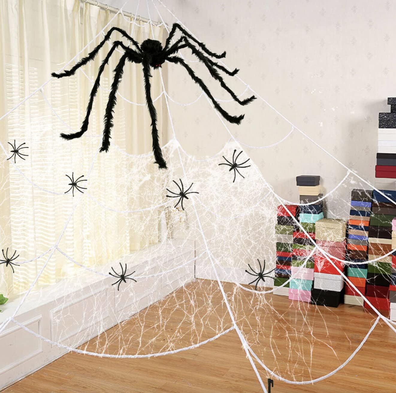 🕷️16FT Giant Halloween Spider Web with 35" Posable Spider – Outdoor Yard & Indoor Halloween Decoration Set