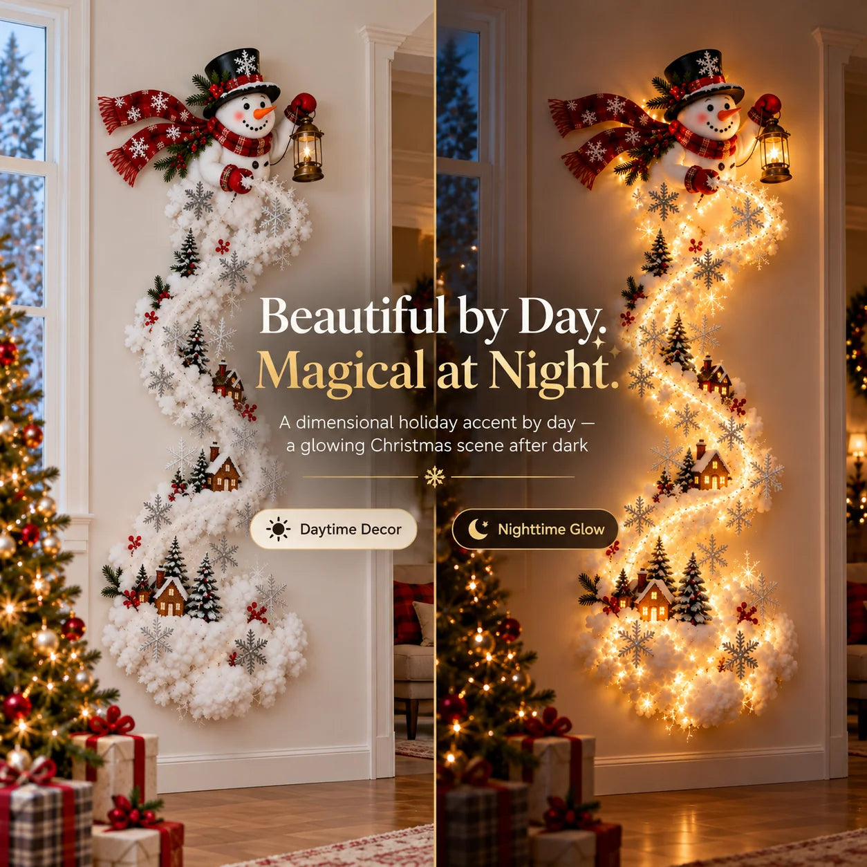Christmas Magic Trail Wall Light daytime and nighttime comparison