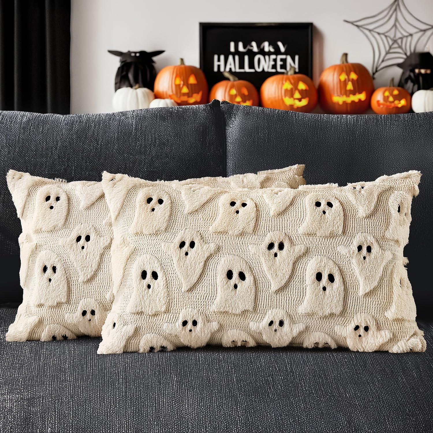 CARTSHAVEN White Halloween Pillow Covers Cute Ghost Decor Set of 2 18x18