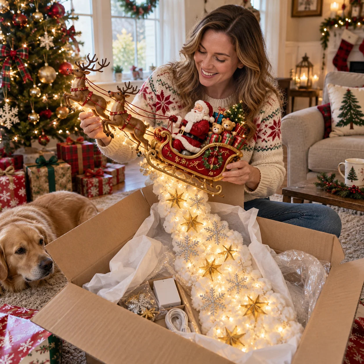 Customer opening Santa Sleigh Christmas wall light