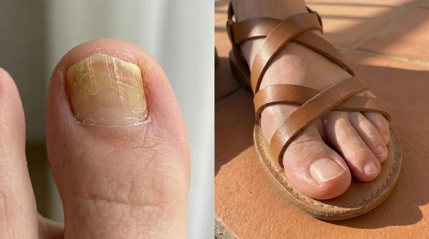 Antes y después: de la uña amarilla y gruesa a una uña limpia para enseñar en sandalias