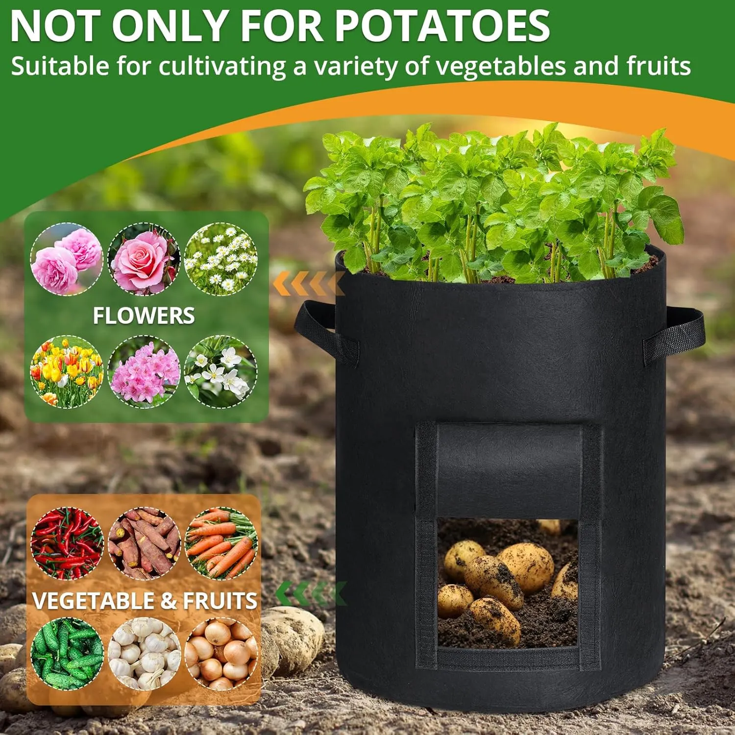 GOTGELIF 10 Gallon Potato Grow Bags with Flap, Thickened Nonwoven Fabric Grow Bags for Growing Potatoes, Carrots, Onion, etc Vegetables, Plants & Fruits - Black magnetic  levitation
