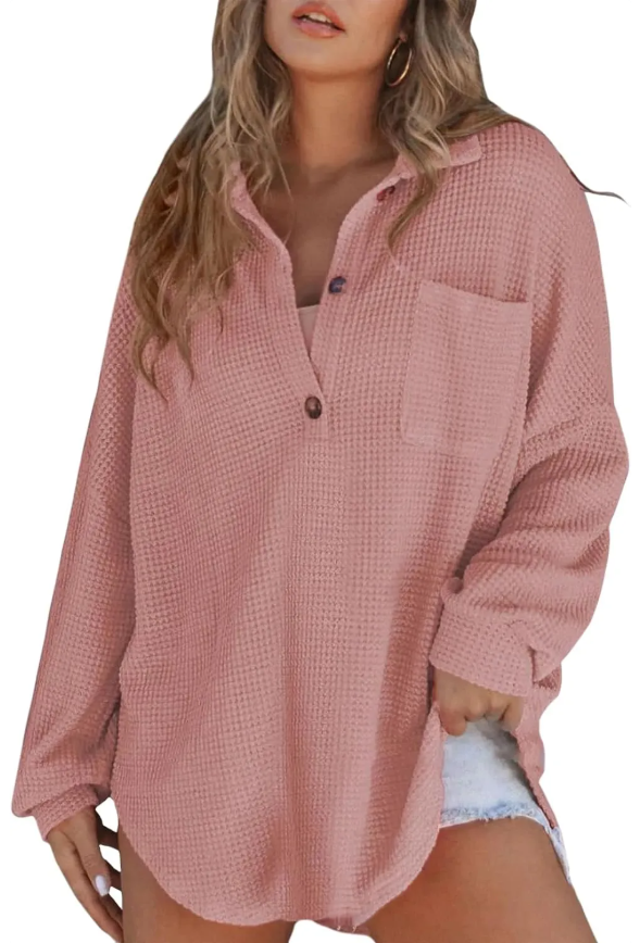 Women Casual Long Sleeve Button Down V Neck Solid Tunic Tops Summer Fall Blouses