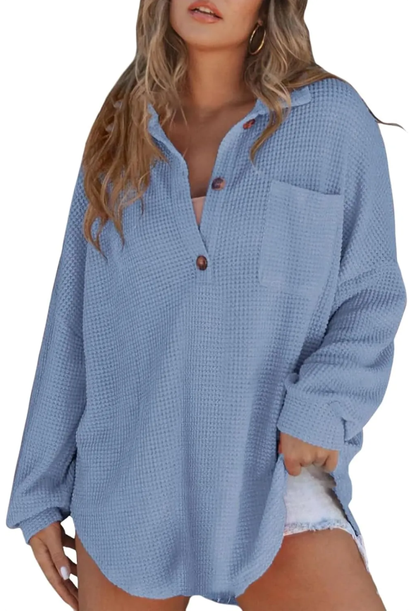 Women Casual Long Sleeve Button Down V Neck Solid Tunic Tops Summer Fall Blouses
