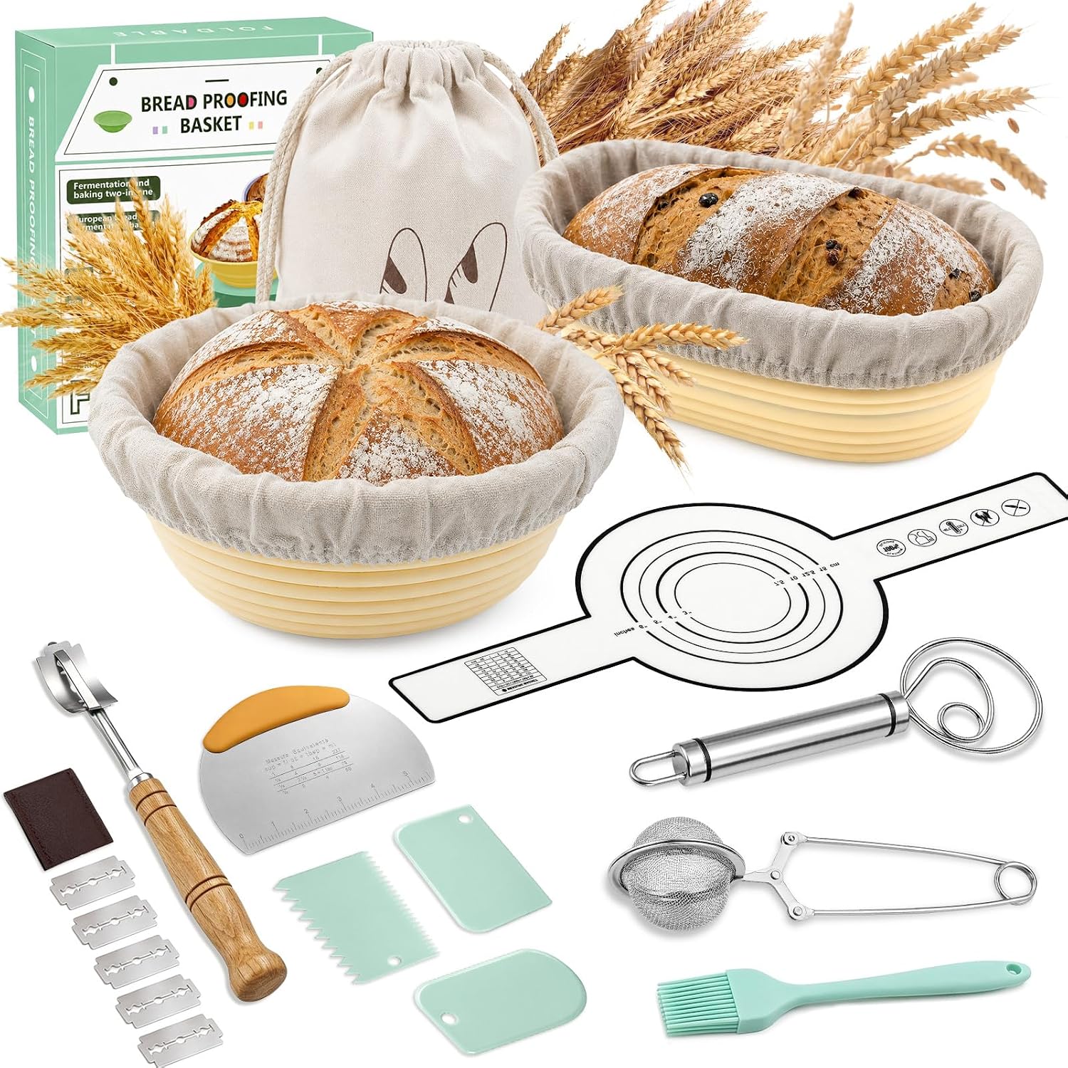  Sauerteig Starter Set 12-tlg, faltbares Silikon-Gärkörbchen