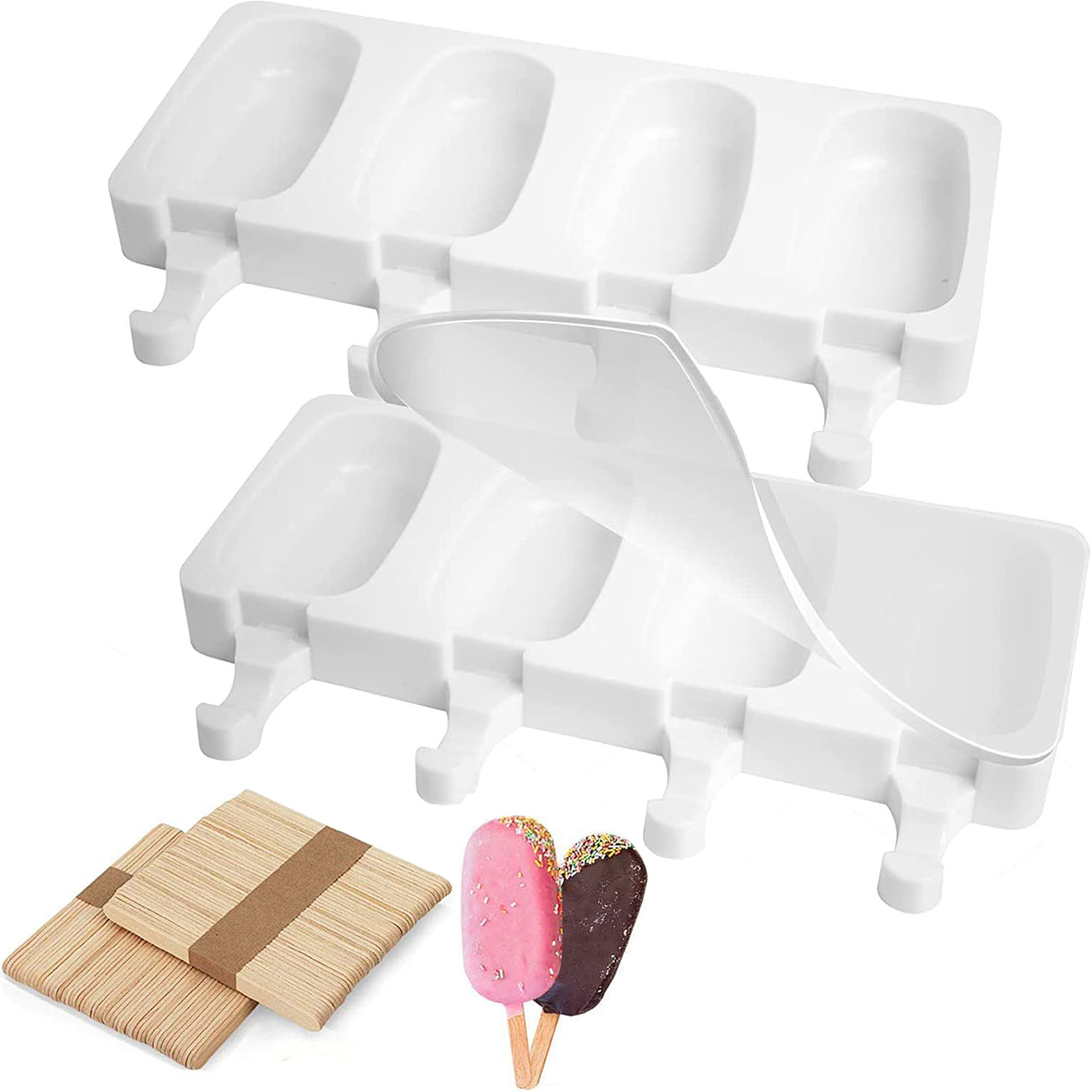 Aonveki Eisformen Eis am Stiel, mit 100 Holzstielen und 2 Deckel, BPA Frei, Selber Machen Dessertform für Kinder Erwachsene (Groß)