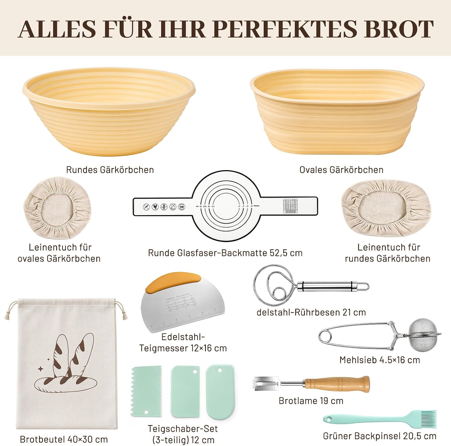  Sauerteig Starter Set 12-tlg, faltbares Silikon-Gärkörbchen