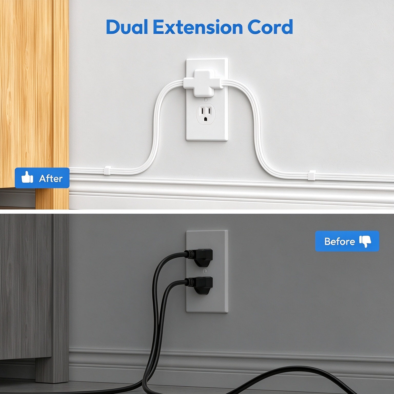 Twin Extension Cord Splitter 12 FT, with 6ft Dual Extension Cord on Each Side 3 Widely Outlets, Double Extension Cord for Home Office Dorm Room