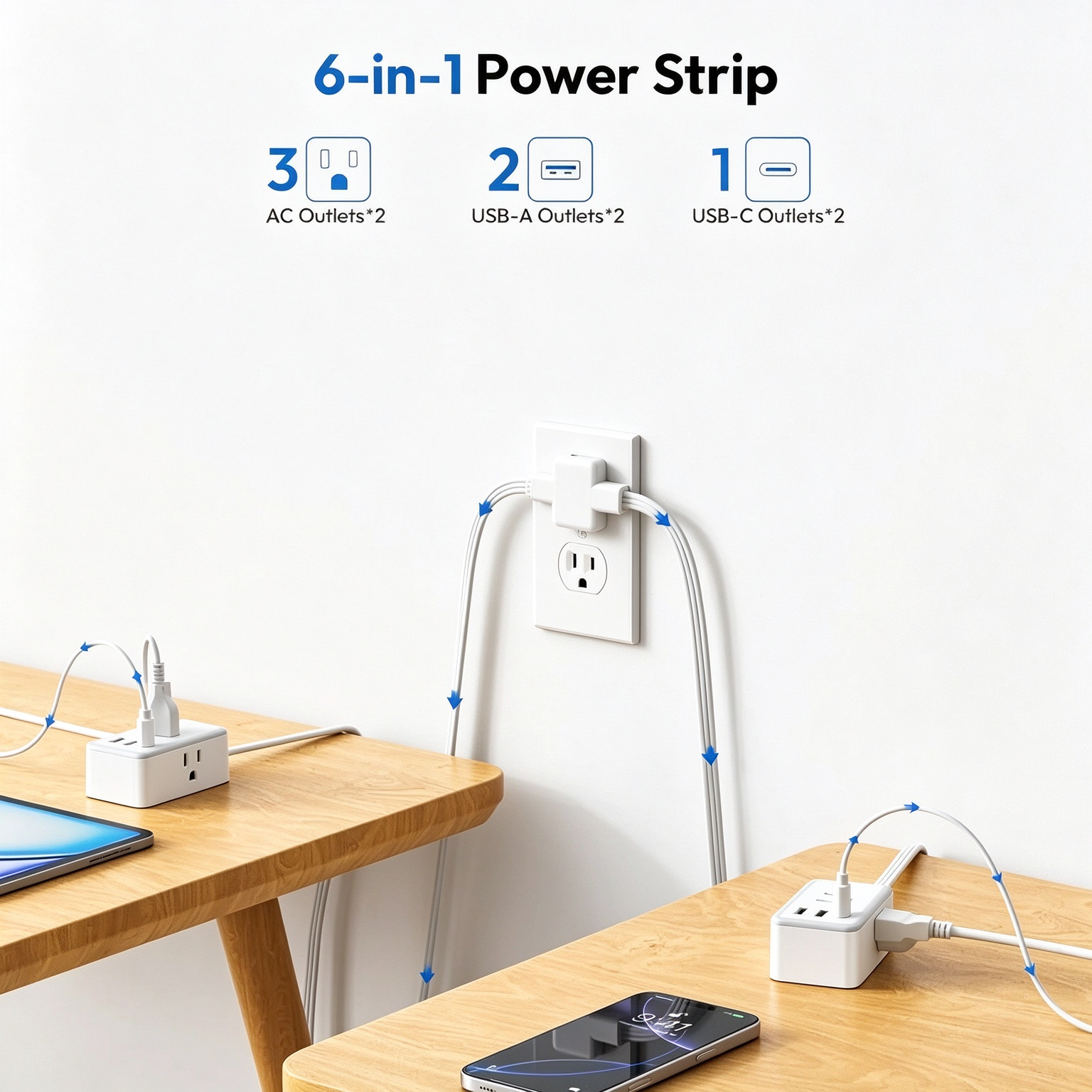 Twin Extension Cord Splitter 12 FT, with 6ft Dual Extension Cord on Each Side 3 Widely Outlets, Double Extension Cord for Home Office Dorm Room