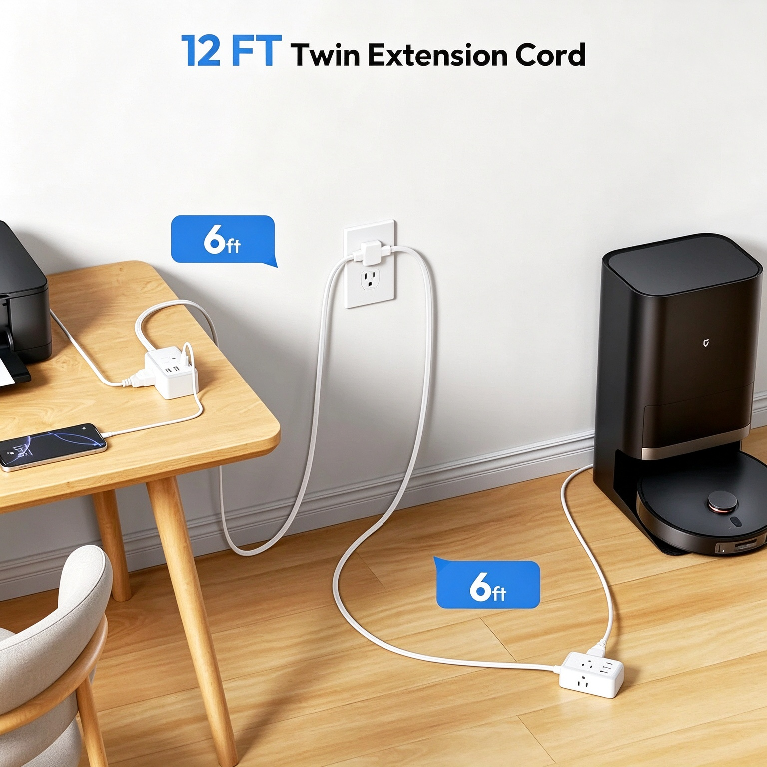 Twin Extension Cord Splitter 12 FT, with 6ft Dual Extension Cord on Each Side 3 Widely Outlets, Double Extension Cord for Home Office Dorm Room