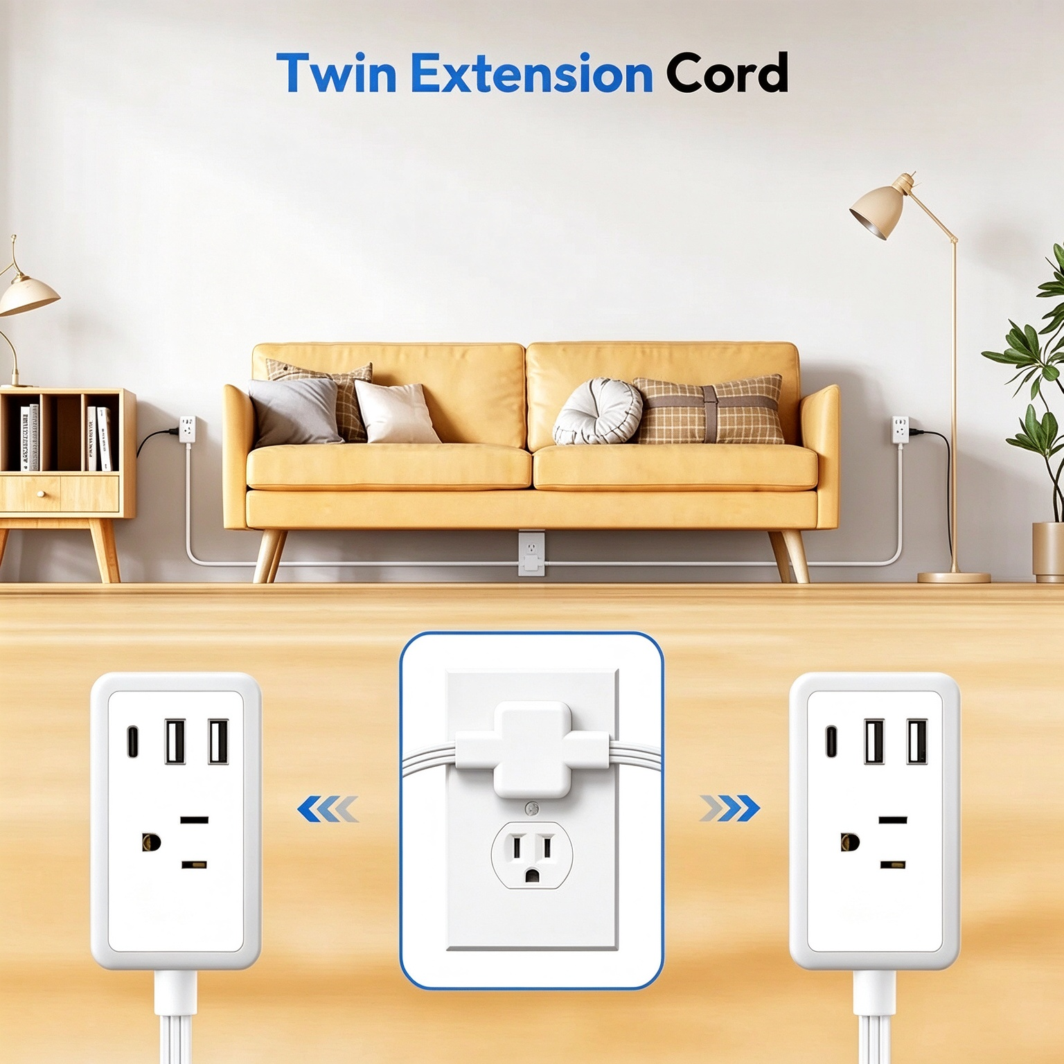 Twin Extension Cord Splitter 12 FT, with 6ft Dual Extension Cord on Each Side 3 Widely Outlets, Double Extension Cord for Home Office Dorm Room