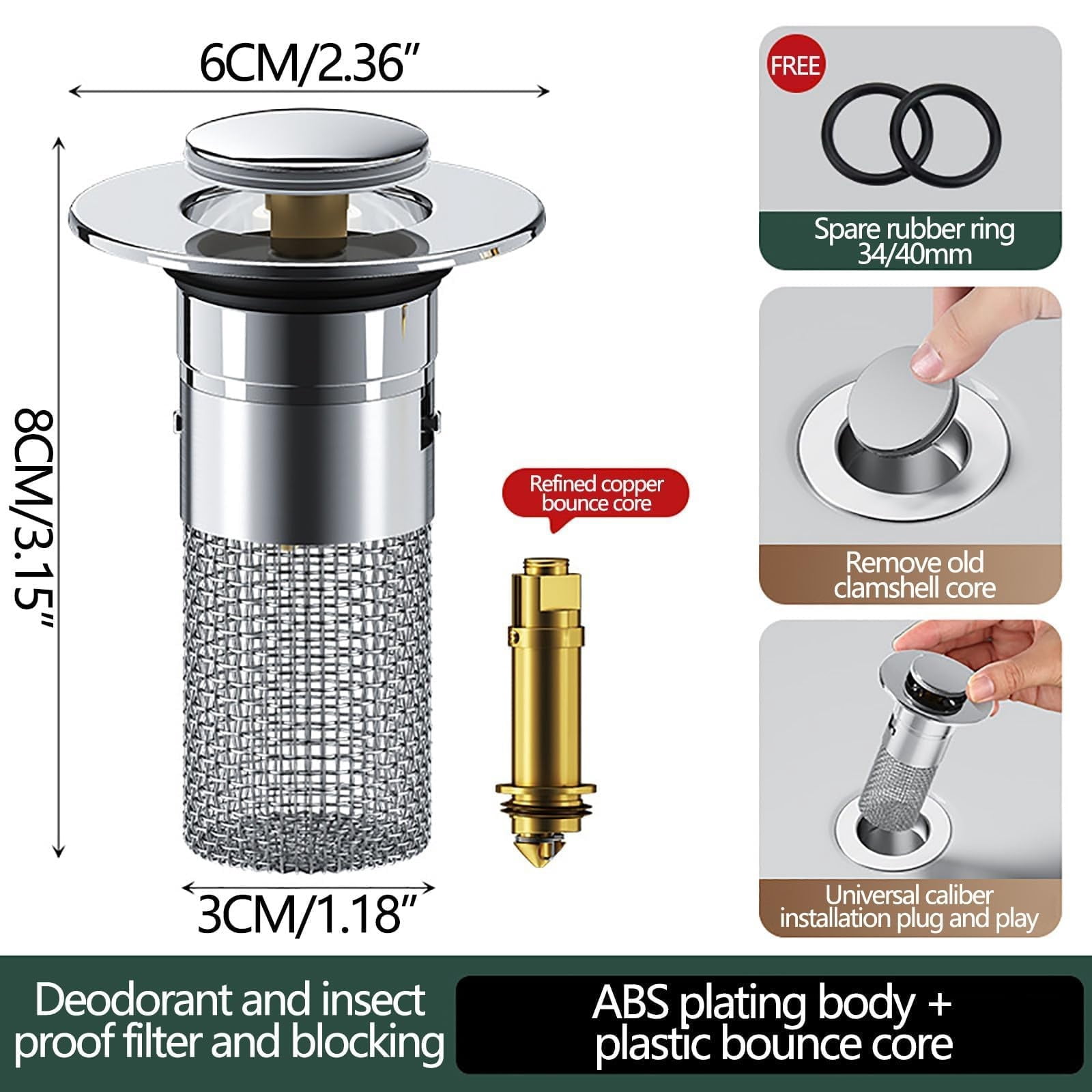 Bathroom Sink Drain Strainer Pop Up Sink Hair Catcher 3.15 Inch Removable Stainless Steel Filter Basket Sink Stopper Replacement Anti Clog Drain Filter Wash Basin Debris Capture Tool for Bathroom