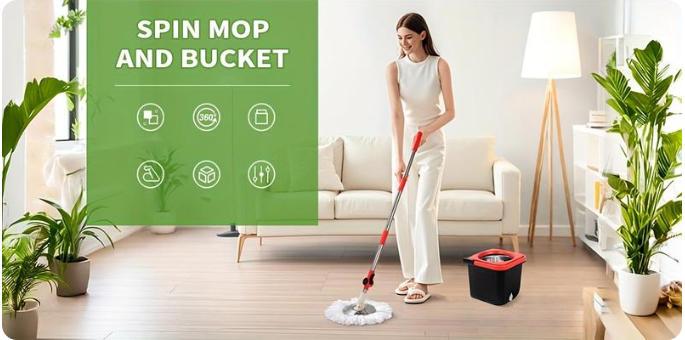 Mop And Bucket Set with 360&deg; Rotatable Mop 3 Microfiber Heads 61/48-Inch Adjustable Handle Efficient Cleaning Supplies