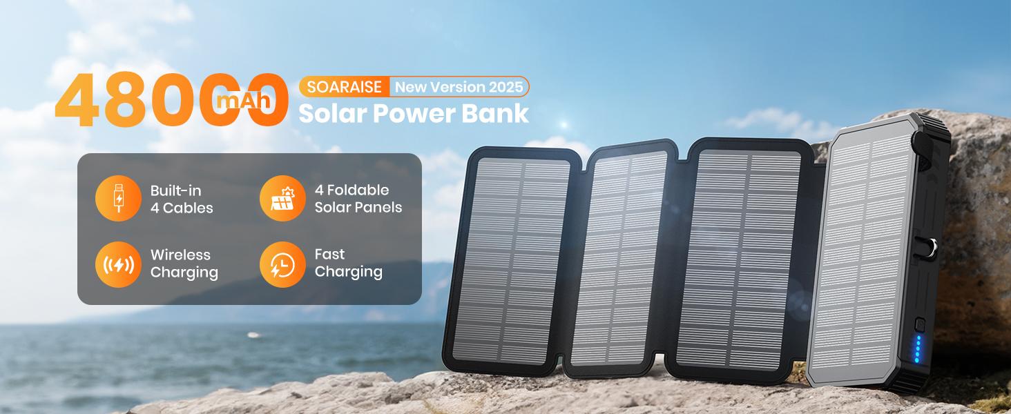 SOARAISE 48000mAh Solar Charger Power Bank, Wireless Portable Charger with 4 Built-in Cables & 7 Outputs,15W Fast Charging Portable Power Bank with USB C, Battery Pack with Flashlight for All Mobile Devices,back to school,back to school haul
