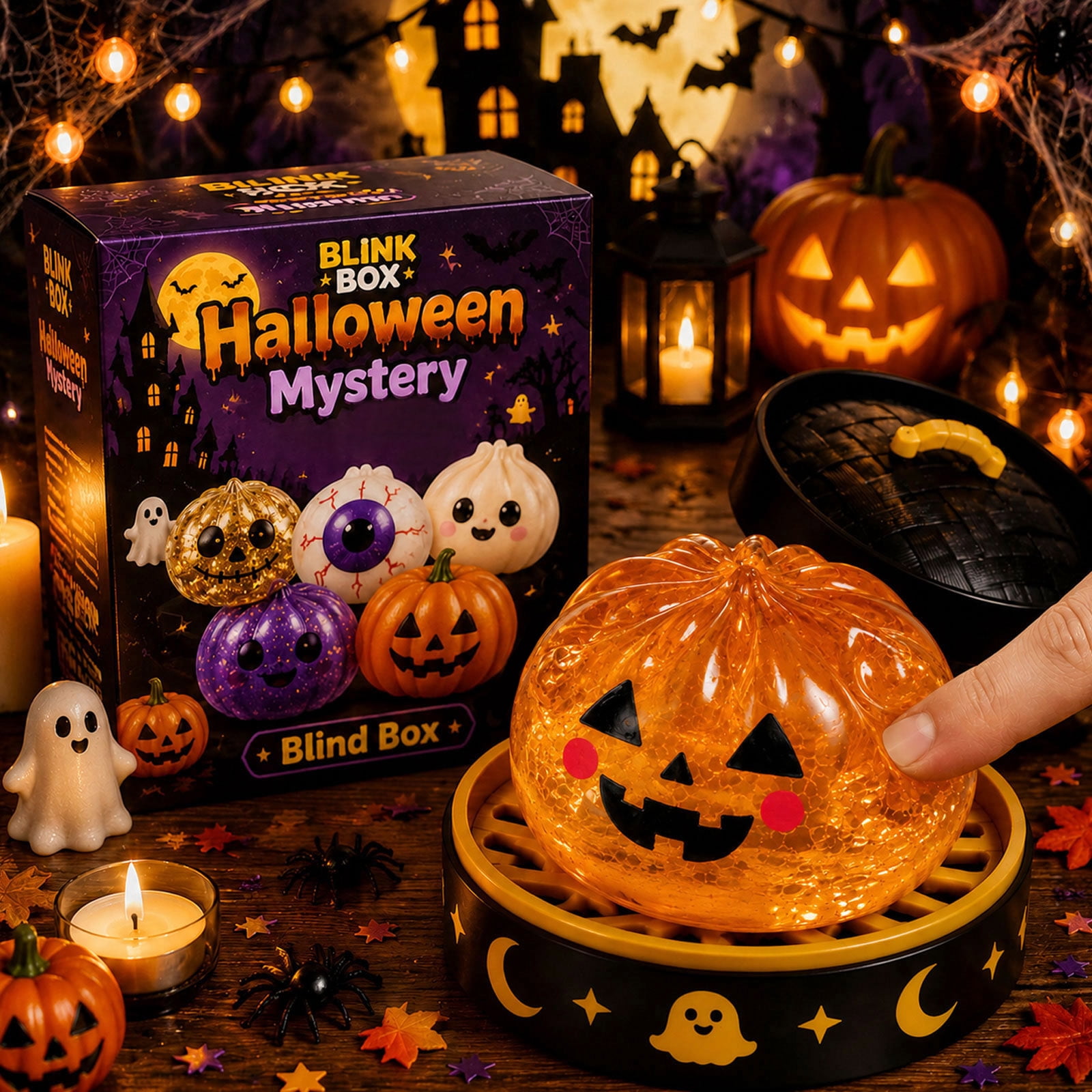 Random Glitter Halloween Squishy Dumpling Surprise Box, 4 Inch Spooky Stress Ball Squishy Bun, Mystery Gift for Party Favors & Rewards
